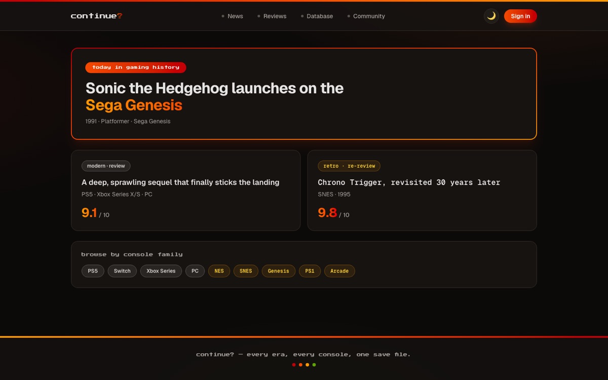 Continue? home page with game history, reviews, and console browsing