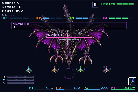 Vortex: four player ships fighting the boss Veyrath